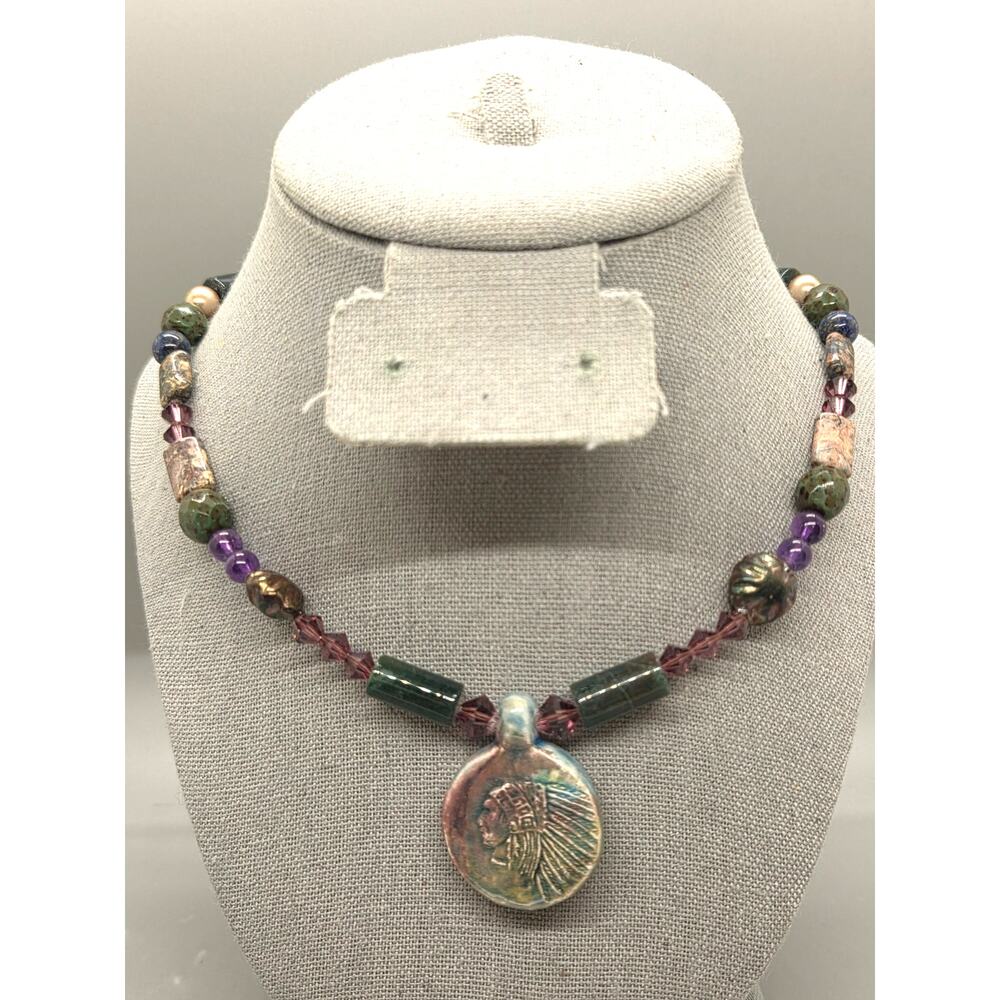 Vintage 20" Polished Stone Crystal Bead Necklace Indian Ceramic Pendant
